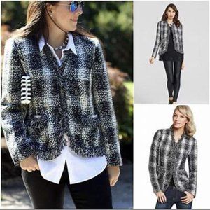 CAbi 909 Best in Show Tweed Blazer Jacket Black White Fringe Womens 6